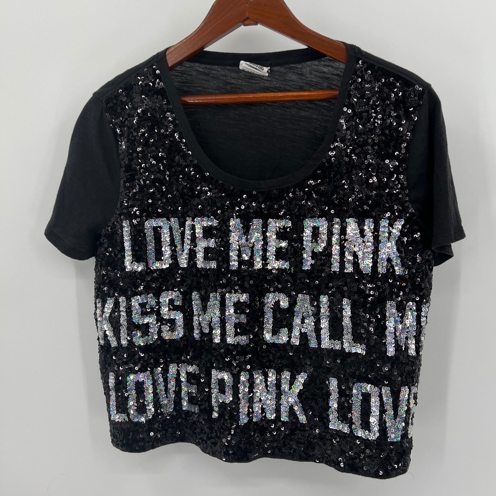 Victoria's Secret PINK Black Sequin Crop Top Love Me Pink Kiss Me Short Sleeve M
